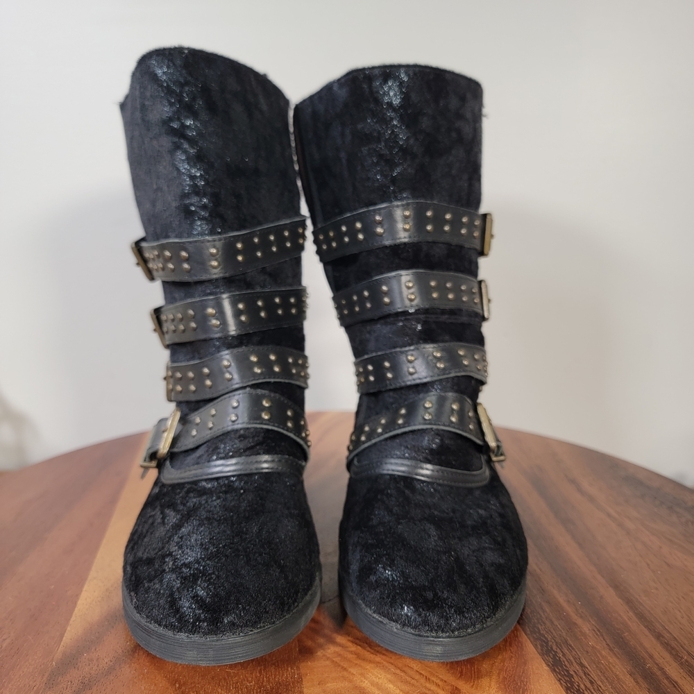 Joyfolie Edgy Black Buckle Combat Boots Faux Fur Size 7 - Picture 6 of 13